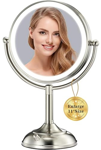 VESAUR 11.8 Extra Large 17 Tall Lighted Makeup Mirror, 1X/5X/10X 3-Sided Magnifying Mirror with 96 LEDs, 3 Color Dimmable Lights, 360° Swivel Dual Power Vanity Mirror, Nickel Finish Luxury Gift Box