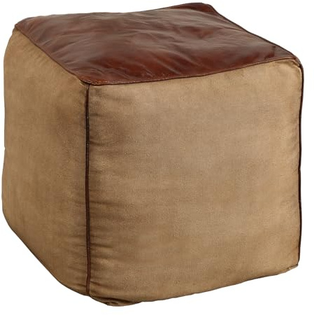 invicta INTERIOR Retro Sitzpouf Mustang 53cm Lederbezug mit Leinen Sitzwürfel Pouf Sitzhocker