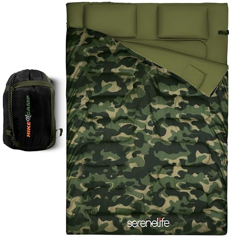 SereneLife Sac de Couchage Double avec Oreillers – Imperméable, Léger et Chaud, Séparable en Deux Sacs Simples – Parfait pour Le Camping, la Randonnée, Le Trek et par Temps Froid (-15 à 12,2 °C)
