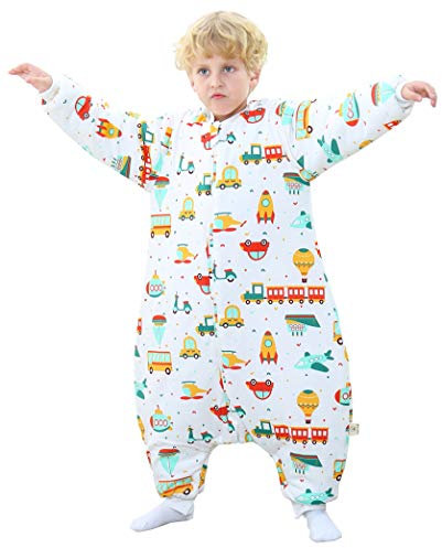 Chilsuessy Baby Ganzjahres Kinderschlafsack mit Füssen 2.5 Tog,Kleinkind Winter Schlafsack mit abnehmbar Ärmel 100% Baumwolle, Auto Bus/ 2.5Tog, XL/Baby Höhe 100-110cm