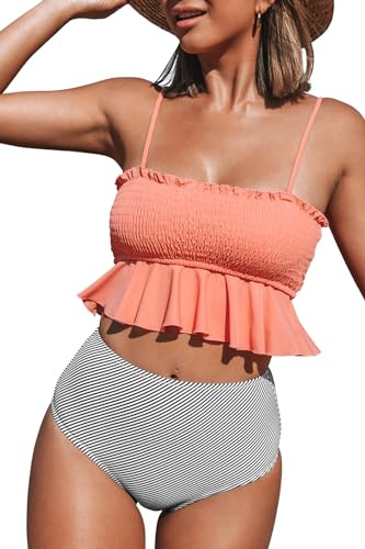 CUPSHE Bikini-set, bandeau, fina badkläder med volanger och hög midja, tvådelad baddräkt, PERSIKA, S