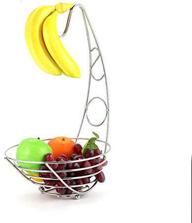 XBSLJ Obstschalen Metall Obstschale Korb, 2 in 1 Chrom Bananen Haken Kleiderbügel Baum Obstschale Korb Ständer Apfel Orange und viele andere Früchte, 42 x 29 x 32 cm, Silber