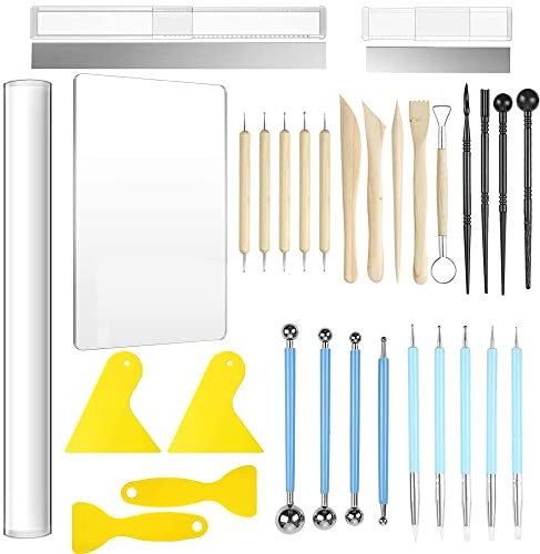 Allazone 31 Stück Polymer Clay Tools Set Modellierwerkzeug Set, Acryl Ton Roller mit Acrylplatten Trägerplatte Kunststoff, Sculpting Tools, Dabbing Tool, Punktmalerei Werkzeug für Handwerk Machen