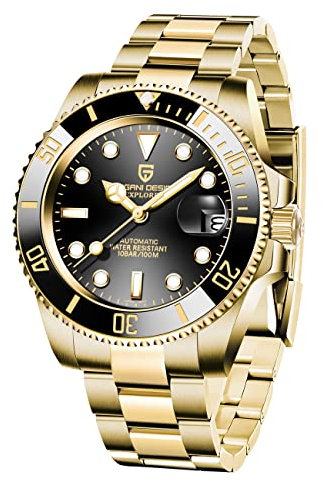 Herren armbanduhren Pagani Design Herrenuhren Automatik Mechanisch Analog Datum Edelstahl Golduhr 100M Taucheruhr Keramiklünette Synthetisches Saphirglas (Goldschwarz)…