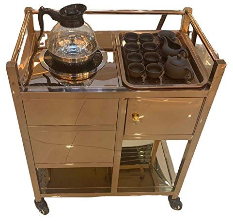 SGSG Barwagen/Industrielle Rollwagen/Servierwagen für Küche, Esszimmer, Hausbar oder Buffet, Barwagen auf Rädern Küchenwagen mit Aufbewahrung (Roségold)