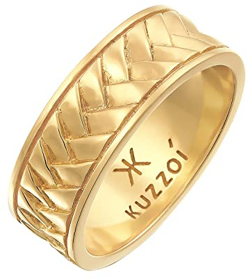 Kuzzoi Herrenring poliert Bandring massiv (7 mm) 925 Silber vergoldet | Herren Schmuck Accessoire mit Fischgräten Struktur Goldener Ring für Männer in der Ringgröße 60–66