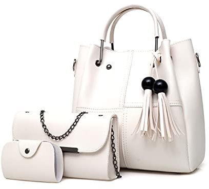 FANDARE Mode Damen-Henkeltaschen Wasserdicht Eimer Tasche Schultertaschen Umhängetaschen 3-teiliges Set Handtasche mit Fransen PU-Leder Kette Messenger-Tasche für Reisen Einkaufen Arbeiten