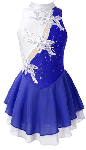 TiaoBug Mädchen Eiskunstlauf Kleid Langarm Ballettkleid Gerafft Tanzkleid mit Glitzer Kinder Turnanzug Gymnastik Leotards Ballett Tutu Mini Skater Rock gr.110-164