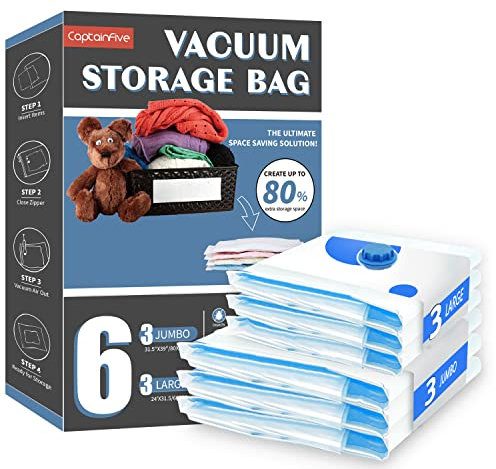 CaptainFive Vacuum Storage Bags 6 Combo (3 Jumbo + 3 Large), Space Saver Sealer Vacuum Bags for Clothes, Pillows, Duvets, Bedding, Vacuum Bags for Home Organization, Moving and Storage