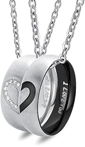 Skcess Schmuck Paar Halskette Edelstahl，Puzzle Herz Halskette Zirkon Ring mit Gravur I Love You Kette Damen Silber 50CM Kette Herren Schwarz 60CM