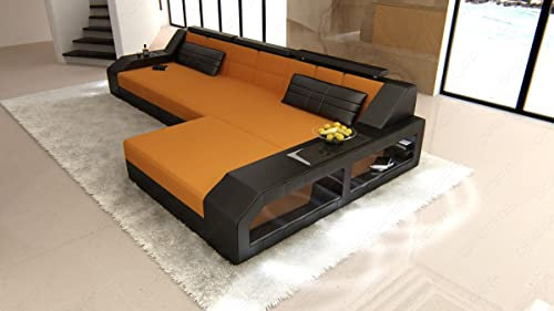 Stoffsofa Arezzo - mit LED Beleuchtung, verstellbare Kopfstützen, Ottomane/Mikrofaser/Ausrichtung wählbar (Ottomane rechts, Schwarz-Aprico)
