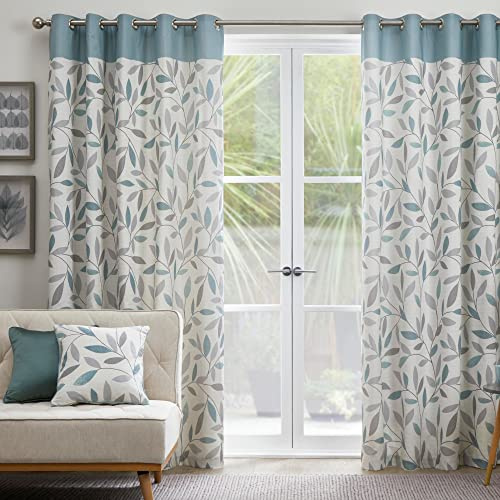 Fusion Duck Egg Blue Leaf Curtains W46 x L72 (117x183cm) – 100% Cotton – 2 Panels – Eyelet – Blue Floral Bedroom & Living Room Drapes – Beechwood Collection