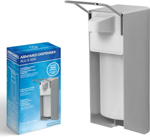 1x ARNOMED Desinfektionsspender Aluminium, Seifenspender für 500ml, kurzer Armhebel, Seifenspender zur Wandbefestigung, Eurospender für Desinfektionsmittel, Soap Dispenser, Desinfektionsmittelspender