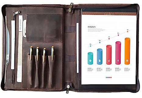 Gvalant Portfolio aus echtem Leder, Padfolio mit Reißverschluss für Herren und Damen, Business-Organizer A4-Dokumententasche in Dunkles Khaki