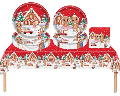 53Pcs Christmas Party Gingerbread Man Tableware Set,20 Paper Napkins 16 Paper Plates7in& 9in,Disposable Dinnerware Christmas Decorations for Him,Her,Adults,Kids Xmas Party Favor Tableware
