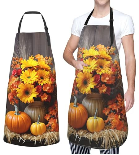 GFLFMXZW Schürze für Damen und Herren, wasserfeste Schürzen, lebendige Farben, verstellbare Lätzchen, Arbeitsschürzen zum Geschirrspülen, Herbstblumen, Kürbis, EinheitsgröÃŸe