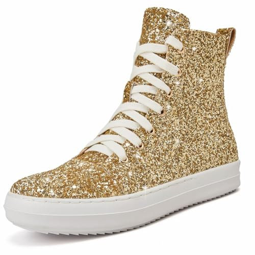 UBWDU Damen High Top Glitzer Tennis Sneaker Plateau Sneaker Schuhe mit Reißverschluss Strass Bling Hochzeit Brautschuhe Glänzende Pailletten Schuhe, Gold, 42.5 EU