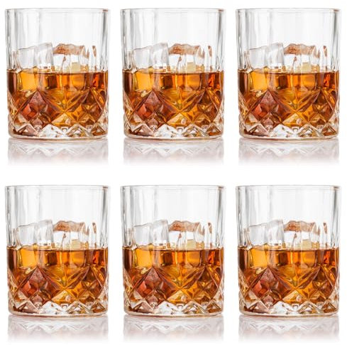 WinGluge 6 Piezas Vasos de Whisky, 330ml Vasos de Cristal Sin Plomo para Agua, Copas de Whiskey Cristalino, Vaso Clásica para Whisky, para Adecuado, Familias, Restaurantes y Fiestas