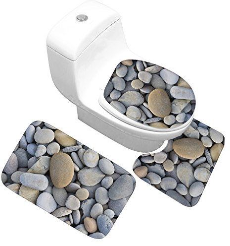 Bad Teppiche Set 3-Teiliges Kiesel Grau Blau WC Vorleger Mit Ausschnitt Badematte Saugfähig WC Deckelbezug Badvorleger rutschfest Waschbar Toilettensitzbezug Badgarnitur (50x80cm)