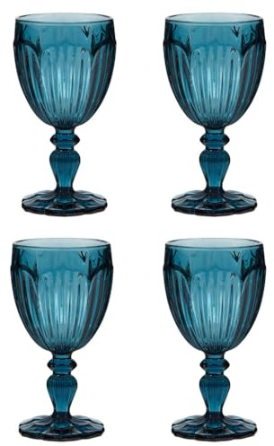 Wine Glass Set of 4 Embossed Wine Goblets with Sapphire Blue Finish 280ml | Dishwasher Safe, 280ml, Embossed Design, Blue Glass, Wine Glasses, Tableware, Embossed Glassware, Vintage Style