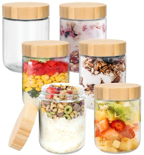 Mozvvco Lot de 6 Overnight Oats Jar 500ml Bocaux en Verre Hermétique,Pot Yaourt Avoine en Verre avec Couvercle en Bois à Vis Scellés,Meal Prep Containers pour la Préparation des Repas,Yaourt,Céréales