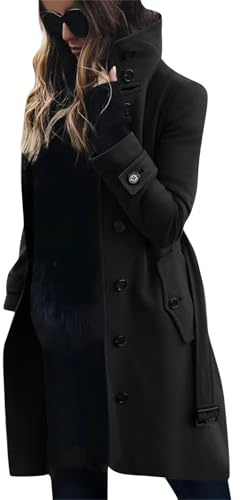Tomwell Femme Manteau Jacket Bouton Revers Veste Chaud Trenchcoat Manches Longues Cardigan Blazer Manteau OL Vintage Couleur Unie Trench Coat Jacket A Noir XL