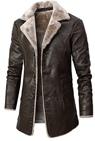Giacca da uomo in pelle 3/4 lunghezza pelliccia sintetica in ecopelle calda giacca invernale lunga in pelle PU spolverino foderato(Brown,Medium)