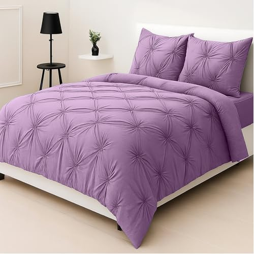 Z&A Homz Z&A Bedding Lilac Pintuck Duvet Covers King - Soft Brushed Microfiber Quilt Cover With Pillow Cases - Breathable & Washable Comforter - Easy Care Set
