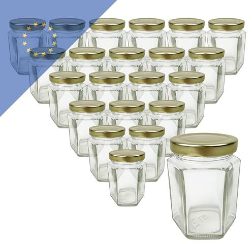 Verpackungsstadl 25x Sechskantglas 195 ml mit TO58 gold – Glas für Marmelade, Honig, Dips & DIY, luftdicht & wiederverwendbar - 25er Set