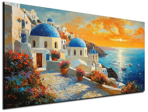 DARO Design® Bilder Klein 30x20 cm Mini Wohnzimmer Deko Modern Wandbild Foto auf Leinwand Bild Schlafzimmer Room Decor Geschenke Kunstdruck Griechenland Meer Santorini Gemälde Ölfarbe blaue Dächer