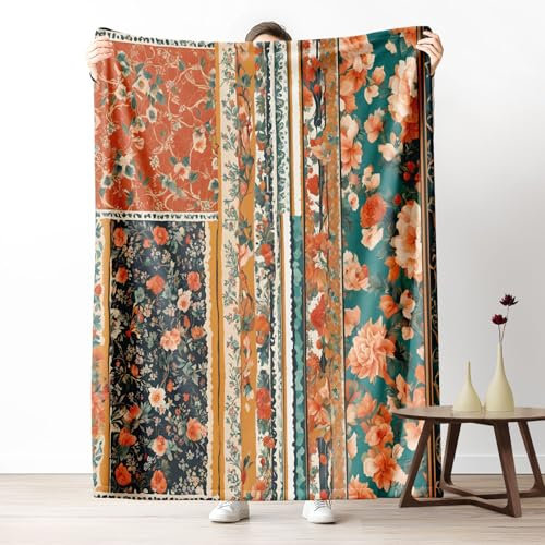 Gklnmcx Couverture Canapé Peluche Floral Ethnique Tribal, Couvertures Et Plaid Patchwork Fleur, Plaid en Flanelle 150 X 150 pour Toutes Les Saisons