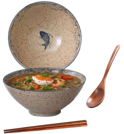 Ceraozmus 40 OZ Ceramic Ramen Bowls, 8 in Large Japanese Noodle Soup Bowl, Match Chopsticks and Spoons, Suitable for Pho, Udon Asian Noodles (Japanese Fish)