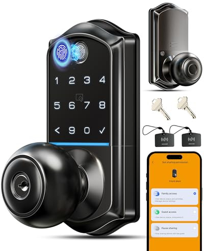 Veise VE018 Smart Knob Handle Lock - Fingerprint, App Control, Keyless Entry for Front Door and Bedroom, Electronic Digital Keypad, Auto Lock, Remote Access Sharing, IP55 Weatherproof, Matte Black