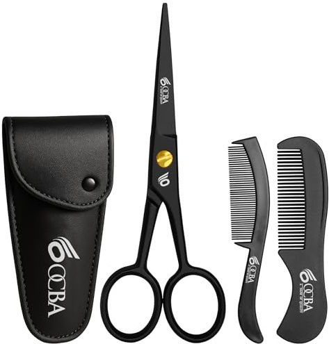 OCBA Beard Scissor Professional Moustache Scissors Ear and Nose Hair Trimming Scissors Stainless Steel, Safety Use for Eyebrows (Black)