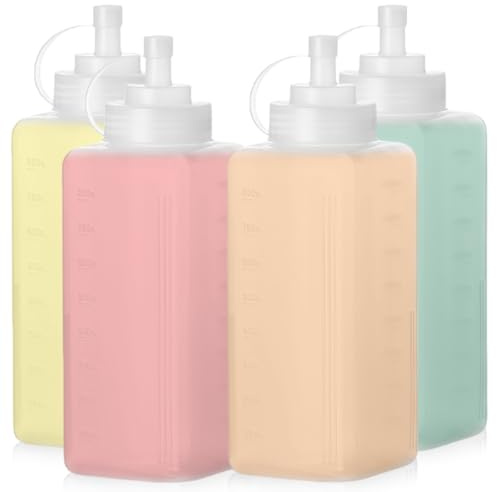 LEKEFETO 4 botellas de plástico para apretar: 800 ml botella de plástico con tapas, transparente sin fugas, botella de condimento para salsa, para ketchup, parrilla, salsas, jarabes, aderezos