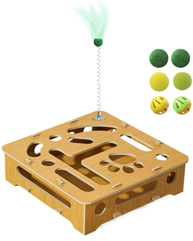Boîte de puzzle de chat interactif - jouet d'enrichissement en bois avec teaser de printemps, boules drôles et plumes | Jouet de puzzle intérieur pour chats, jeu de chasse stimulant pour