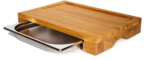 cleenbo - Schneidbrett aus Eiche mit Auffangschale, Saftrille & magnetischer Messerhalterung - Profi Holz Küchenbrett mit Auffangbehälter (Gastro Edelstahl Auffangwanne) Eichenbrett Maße: 43x29x7cm
