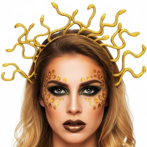 Reaky Diadema de serpiente Medusa, diadema dorada con serpiente para Halloween, accesorios para el cabello de mujer (dorado, talla única)