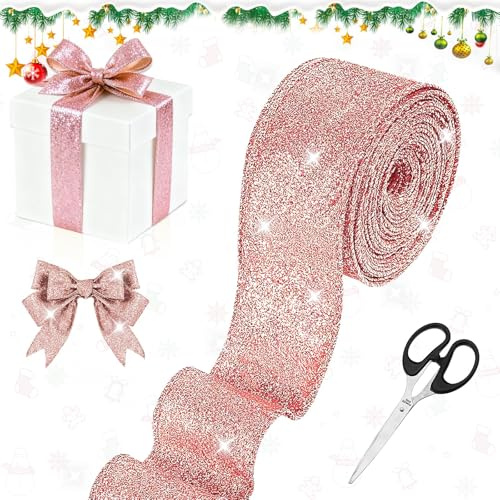 Koxtyzo Roségold Schleifenband mit Draht 10M, Geschenkband Glitzer mit Schere für Weihnachten, Dekoband für Weihnachtsbaum, Geschenke & Kränze