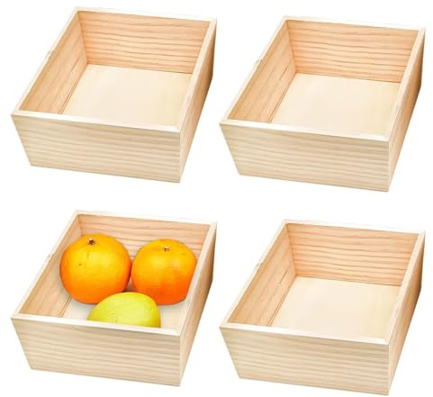 Caja de Madera Cuadrada Pequeña, 4 Piezas Cuadradas Cajas de Madera Sin Tapa, 15x15x6 cm Caja Almacenaje Maderas Sin Acabado, para Manualidades Joyería y Artículos, Artesanía