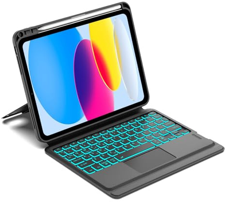 Funda Teclado para iPad A16 11ª Gen 2025/10ª Gen 2022, Teclado Retroiluminado Bluetooth Desmontable con Trackpad y Soporte Ajustable Multiángulo para iPad 10ª/11ª Generación 10.9/11 Pulgadas, Negro