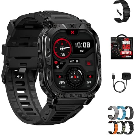 CARBINOX Blaze Smart Watch with GPS (Sport Mode), Fitness Tracker Waterproof IP69K, Compatible with Android and iOS, 170+ Sports Modes, Make/Receive Calls (Square Ultimate Pack)