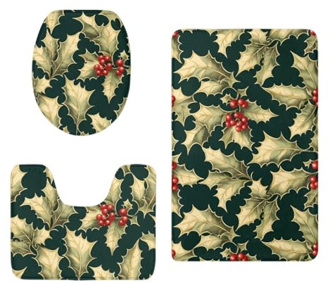 Badezimmerteppich Set 3 Teilig Dunkelgrüne Blätter WC Teppich Schnell Trocknend Badvorleger rutschfest Badgarnitur 3 Teilig Stand WC Waschbar Bad Teppiche Set Dekoration 50x80 cm