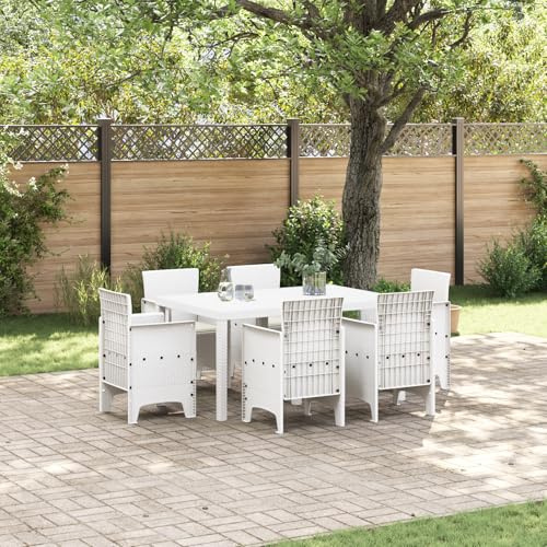 IBUQDDV 7-teiliges Garten-Esszimmer-Set mit Kissen in Weiß aus Poly-Rattan, wetterfestes 6-Personen Set für Terrasse und Balkon mit Stahlrahmen, Bequeme Sitzgruppe für Außenbereich,