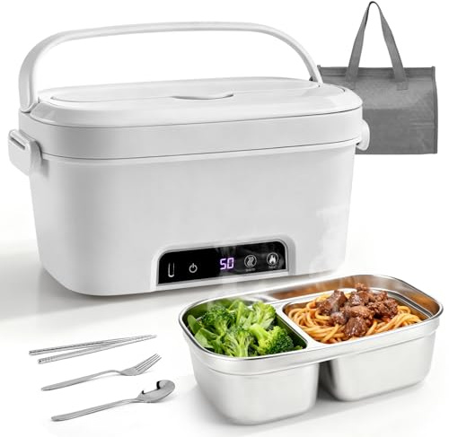 Scatola da Pranzo Elettrica Senza Fili, Scaldavivande Elettrico con Posate e Borsa Termica, A prova di perdite, 15600 mAh, 1,5L portapranzo riscaldato ricaricabile in acciaio inox per Auto, ufficio