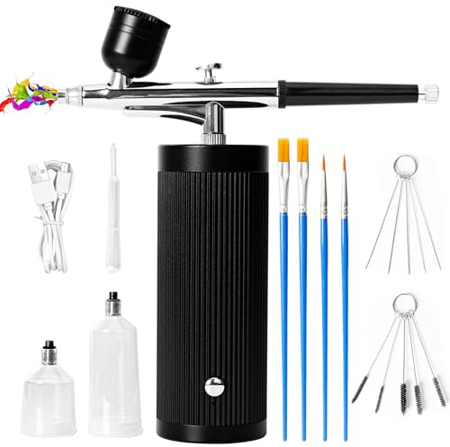 Kit Aerografo con Compressore, Aerografo per Verniciare Portatile (Nero) | Multifunzione Airbrush per Dolci ad Alta Pressione, Ricaricabile, Per Trucco, Pittura e Modellismo, Nail Art