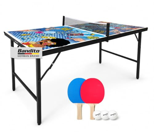 Bandito Mini mesa de ping pong con 2 raquetas y 3 pelotas en estilo cómic – plegable con asa de transporte, mesa de ping pong en tamaño mediano pequeña para niños y adultos