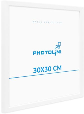 PHOTOLINI Bilderrahmen 30x30 Weiß MDF-Holz Poster-Bilderrahmen quadratisch 30x30, bruchsicheres Acrylglas, zum Aufhängen, extra Zubehör - für Fotos & Poster