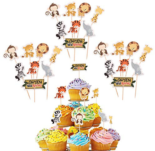 24Stück Tiere kuchendeko,Jungle Tortenaufleger, Urwald Zahnstocher Cupcake Topper Dschungel Tortendeko Kuchendeckel Tortenstecker Tortenaufsatz für Baby Kinder Junge Jungs Geburtstag Party Dekoration