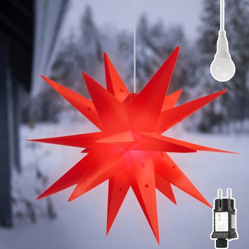 SALCAR 60cm 3D Leuchtstern Außen Weihnachten, LED Weihnachtsstern Beleuchtet Fenster, Adventsstern Innen Weihnachtsdeko Hängend, Rot
